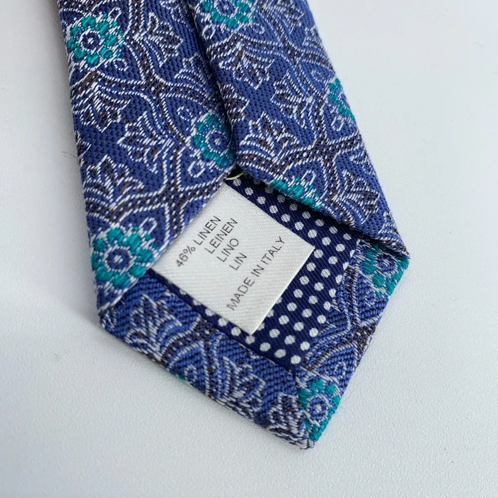 Eton Tie Men One Size Blue Green Floral Linen Classic Fit Necktie Italy Made NWT